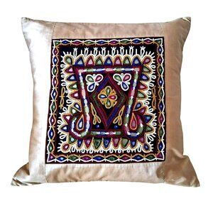 Handwoven Shrujan Indian Embroidered Throw Pillow Cover Silk Beige & Vibrant Mul